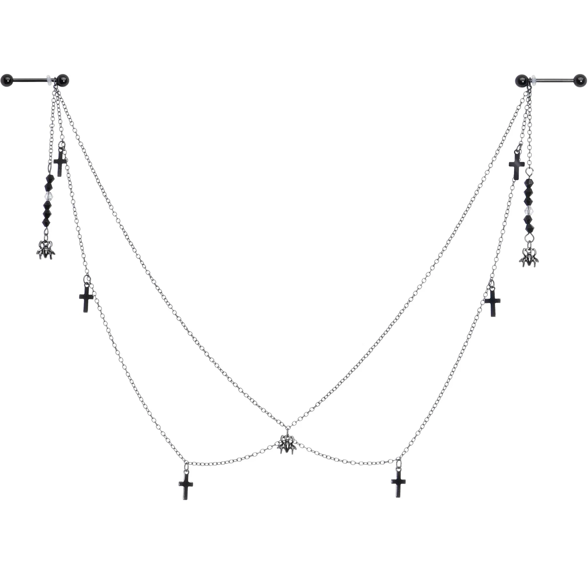 14 Gauge 9/16 Black Gem Spider Cross Halloween Dangle Nipple Chain