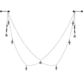 14 Gauge 9/16 Black Gem Spider Cross Halloween Dangle Nipple Chain
