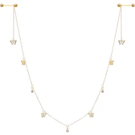 14 Gauge 9/16 Clear Gem Gold Tone Butterfly Dangle Nipple Chain