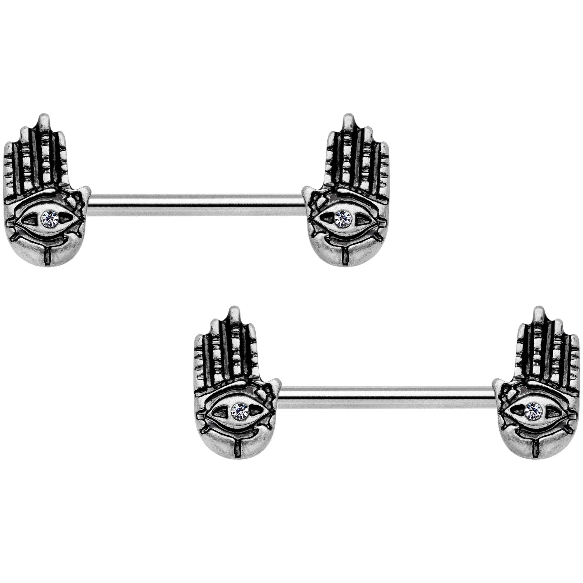 14 Gauge 9/16 Clear Gem Hamsa Hand Barbell Nipple Ring Set