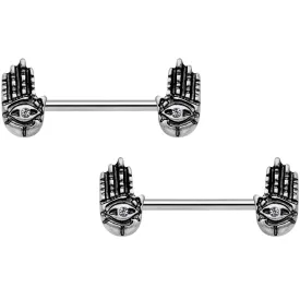 14 Gauge 9/16 Clear Gem Hamsa Hand Barbell Nipple Ring Set