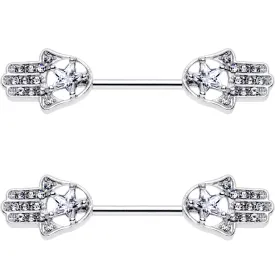 14 Gauge 9/16 Clear Gem Star Hamsa Hand Barbell Nipple Ring Set