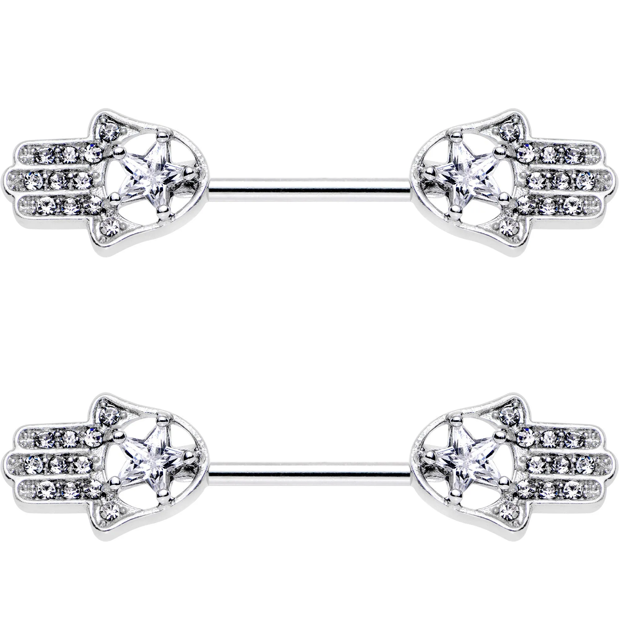 14 Gauge 9/16 Clear Gem Star Hamsa Hand Barbell Nipple Ring Set