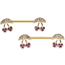 14 Gauge 9/16 Clear Purple Gem Gold Tone Very Cherry Nipple Ring Set