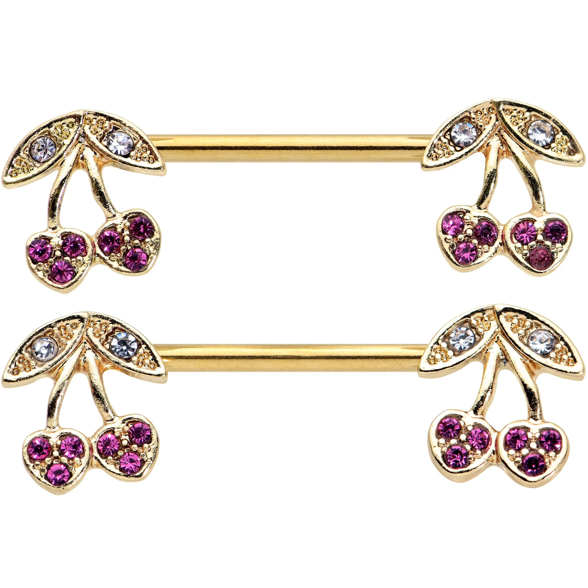 14 Gauge 9/16 Clear Purple Gem Gold Tone Very Cherry Nipple Ring Set