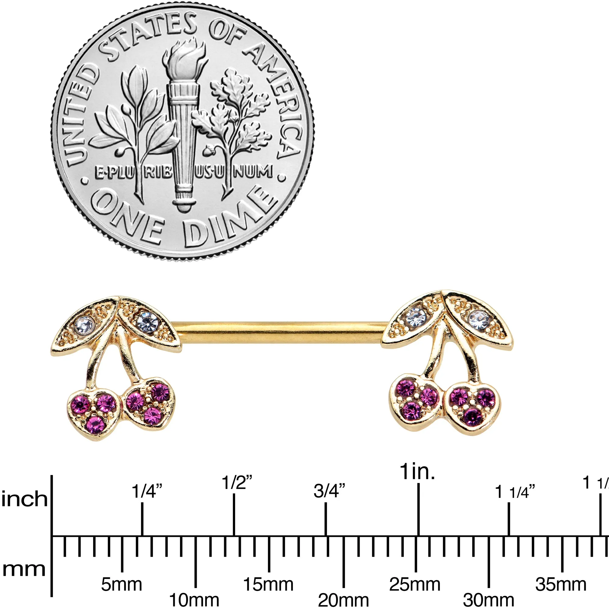 14 Gauge 9/16 Clear Purple Gem Gold Tone Very Cherry Nipple Ring Set