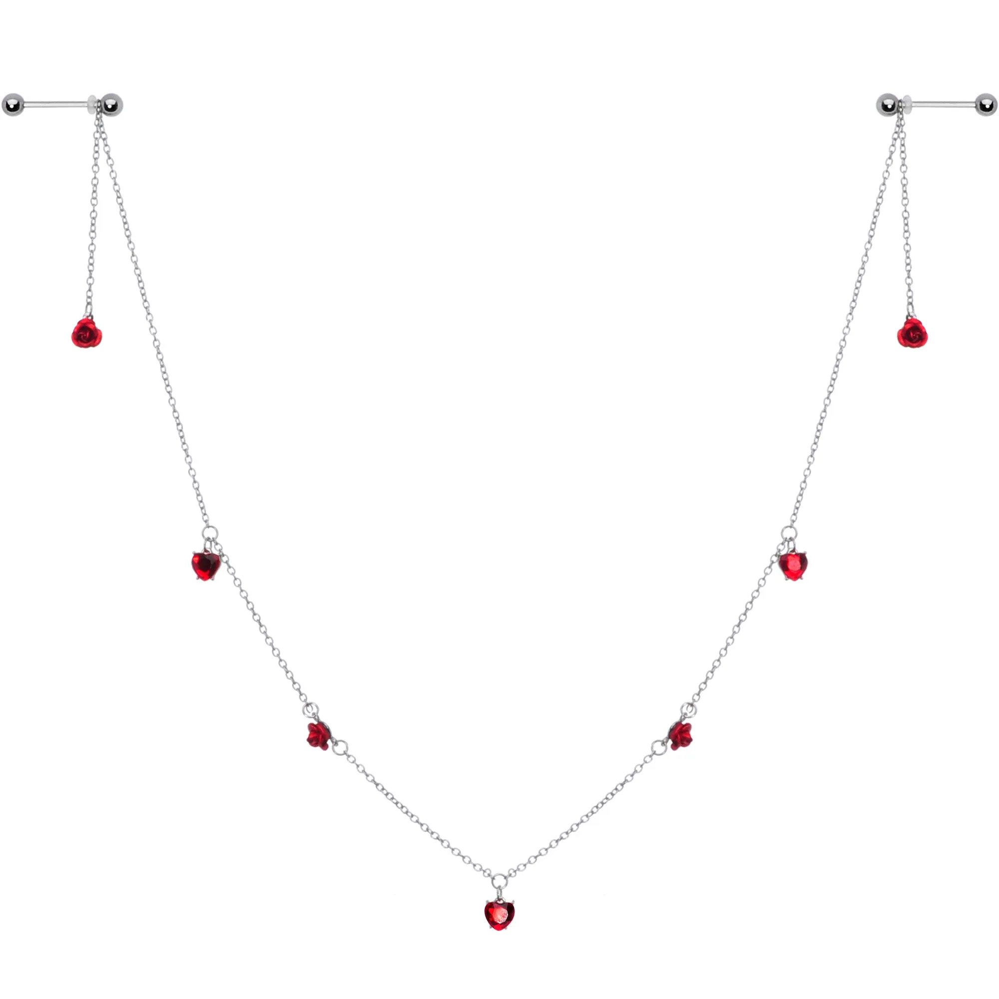 14 Gauge 9/16 Red Rose Flower Valentine Dangle Nipple Chain