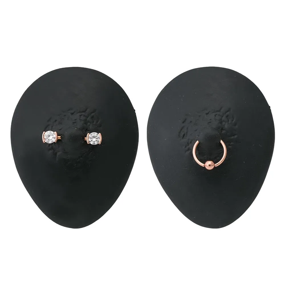 14g PVD Rose Gold Nipple Jewelry Set — Bezel-Set Crystal Jeweled Straight Barbells and Captive Bead Rings