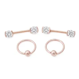 14g PVD Rose Gold Nipple Jewelry Set — Bezel-Set Crystal Jeweled Straight Barbells and Captive Bead Rings
