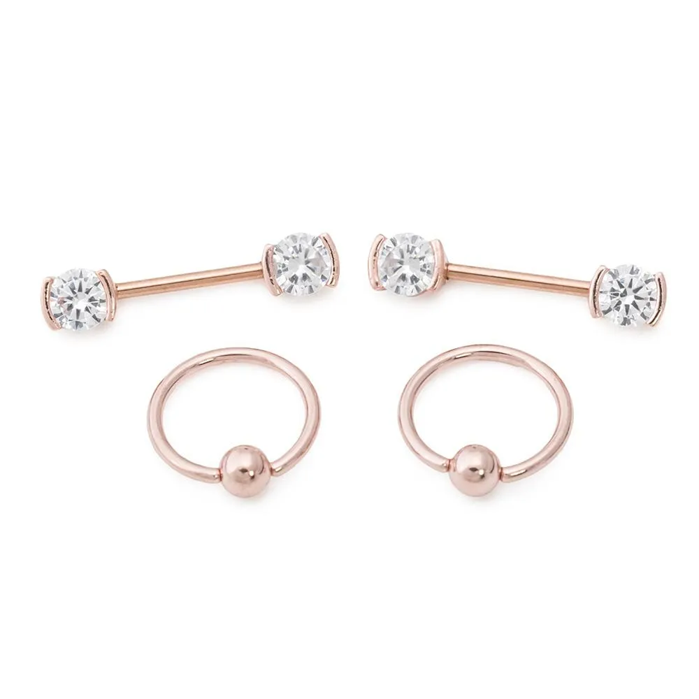 14g PVD Rose Gold Nipple Jewelry Set — Bezel-Set Crystal Jeweled Straight Barbells and Captive Bead Rings
