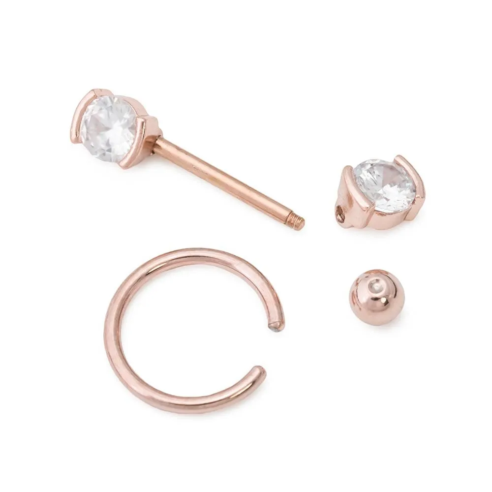 14g PVD Rose Gold Nipple Jewelry Set — Bezel-Set Crystal Jeweled Straight Barbells and Captive Bead Rings
