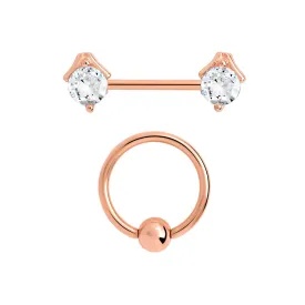 14g PVD Rose Gold Nipple Jewelry Set — Prong-Set Crystal Jeweled Straight Barbells and Captive Bead Rings