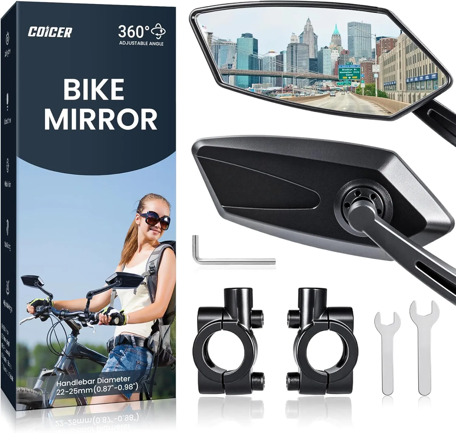 2pcs Bike Mirror Handlebar Mount 360 Adjustable, Wide Rear View Mirror Bicycle Mirrors for Handlebars with Scratch Resistant Glass, Bike Rear View Mirror for Scooter, Motorcycle, Bike Accessory