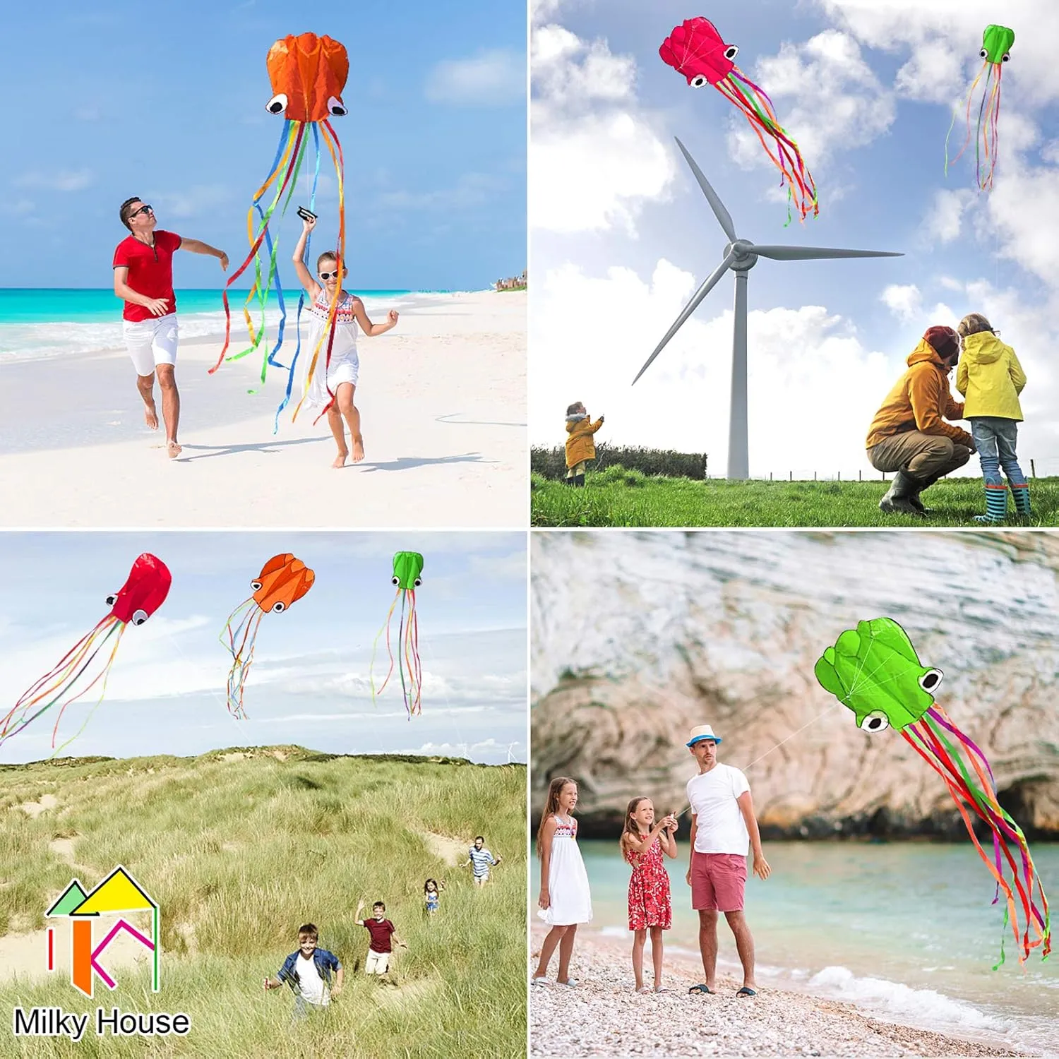 3 Pack Octopus Kite - 3D Beach Kites for People & Kids (Blue, Green, Red) - Easy to Fly, Kite Kit with 100M String