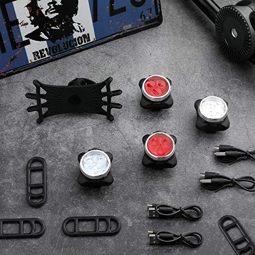 4 Pieces USB Rechargeable Bicycle Light Front Back Bike Lights Set with 1 Piece 360 Degree Rotation Silicone Bicycle Phone Mount Bike Accessories Bike Phone Holder