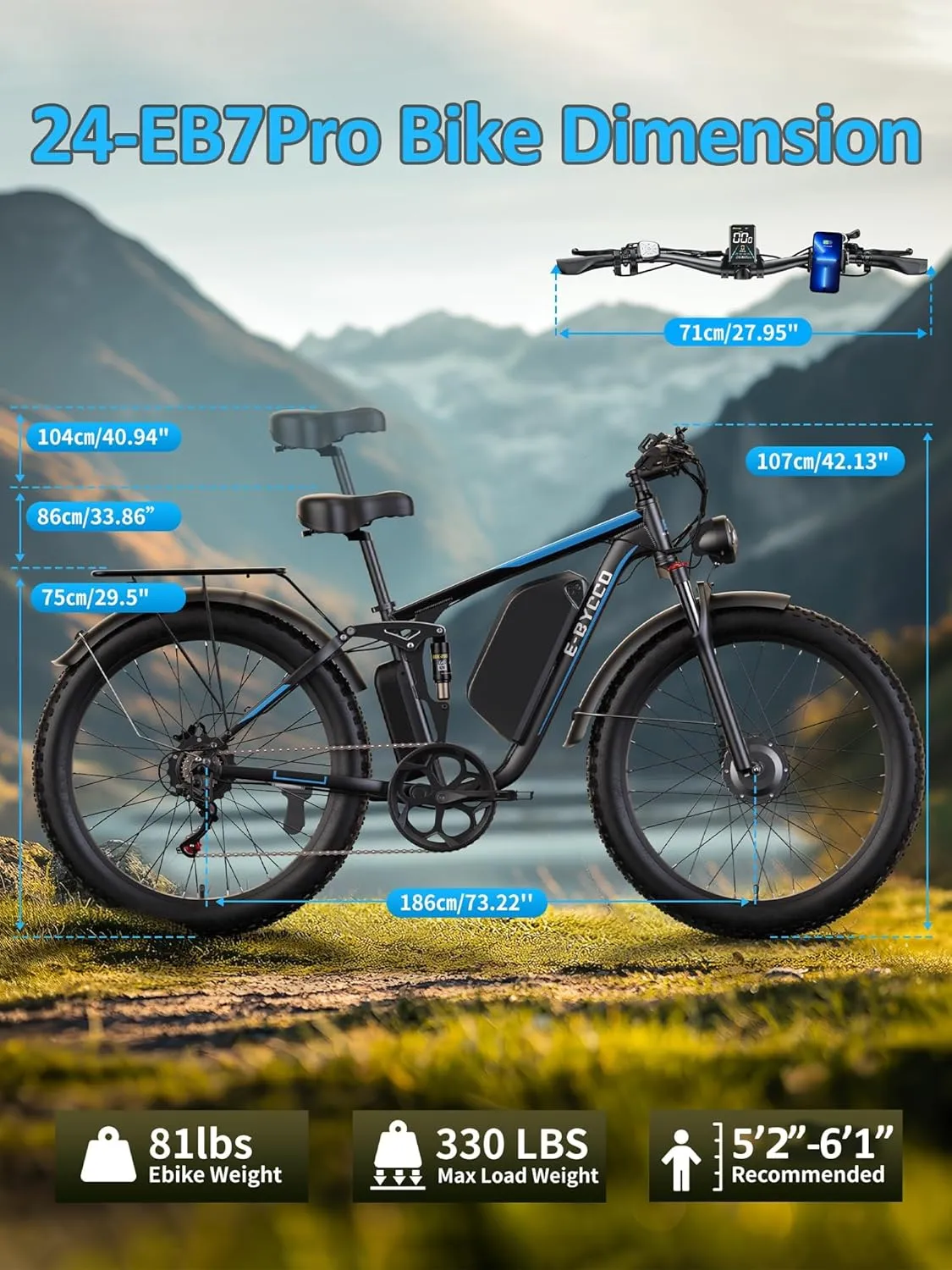 4000W Peak 5000W Dual Motor Electric Bike for Adults, 24/26 Inch, 52V 32AH, Up to 90Mile & 45MPH E-Bike Fat Tire Full Suspension Electric Bicycles, 7 Speed AWD Mountain Ebikes, Hydraulic Disc Brake