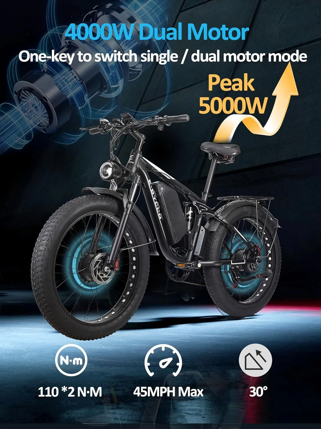 4000W Peak 5000W Dual Motor Electric Bike for Adults, 24/26 Inch, 52V 32AH, Up to 90Mile & 45MPH E-Bike Fat Tire Full Suspension Electric Bicycles, 7 Speed AWD Mountain Ebikes, Hydraulic Disc Brake