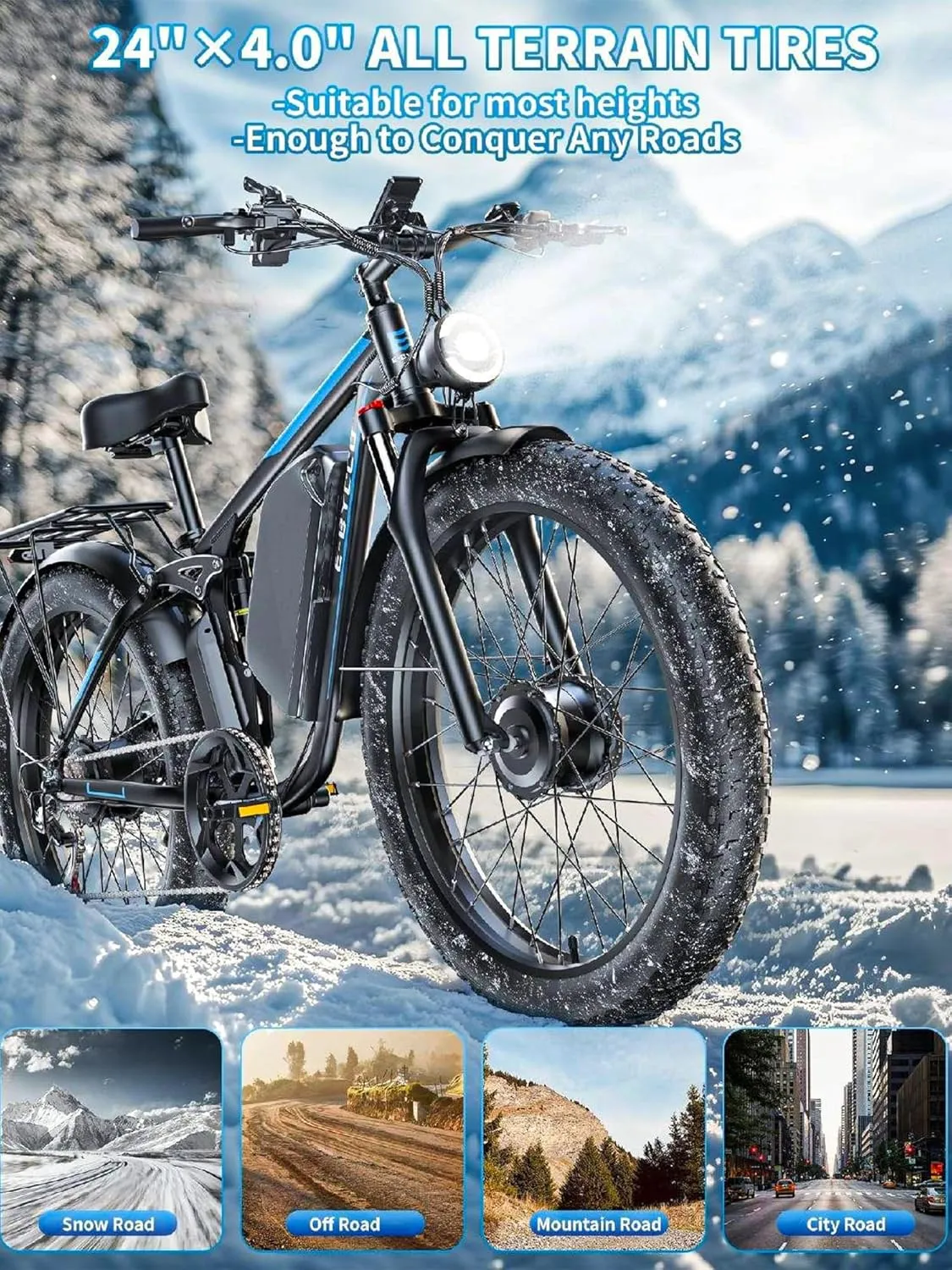 4000W Peak 5000W Dual Motor Electric Bike for Adults, 24/26 Inch, 52V 32AH, Up to 90Mile & 45MPH E-Bike Fat Tire Full Suspension Electric Bicycles, 7 Speed AWD Mountain Ebikes, Hydraulic Disc Brake