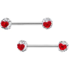 5/8 Clear Red CZ Gem Two Tone Heart Barbell Nipple Ring Set