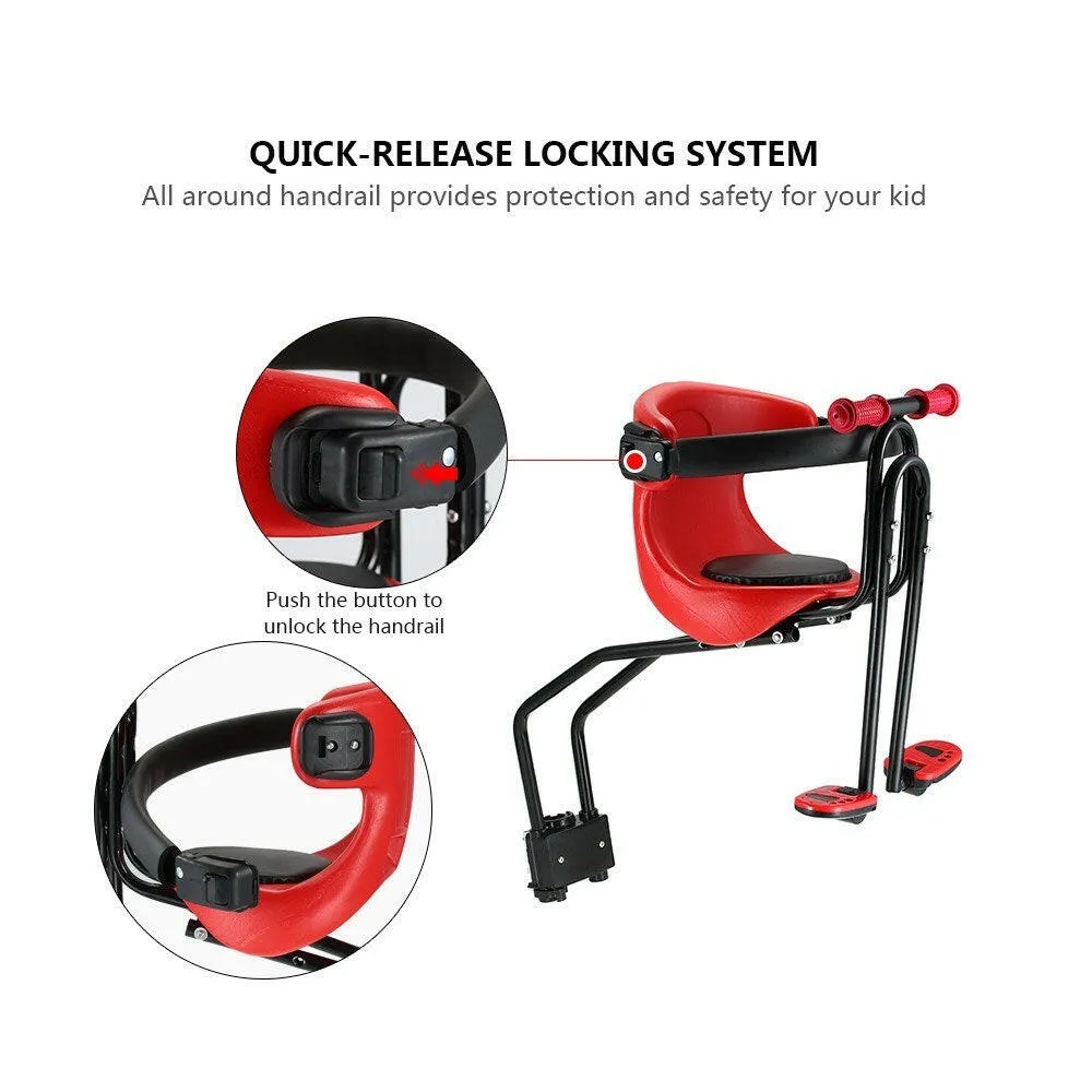 Bicycle Baby Seat Kids Child Safety Carrier Front Seat Saddle Cushion with Back Rest Foot Pedals