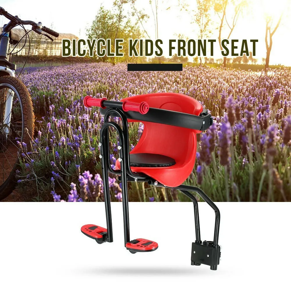 Bicycle Baby Seat Kids Child Safety Carrier Front Seat Saddle Cushion with Back Rest Foot Pedals