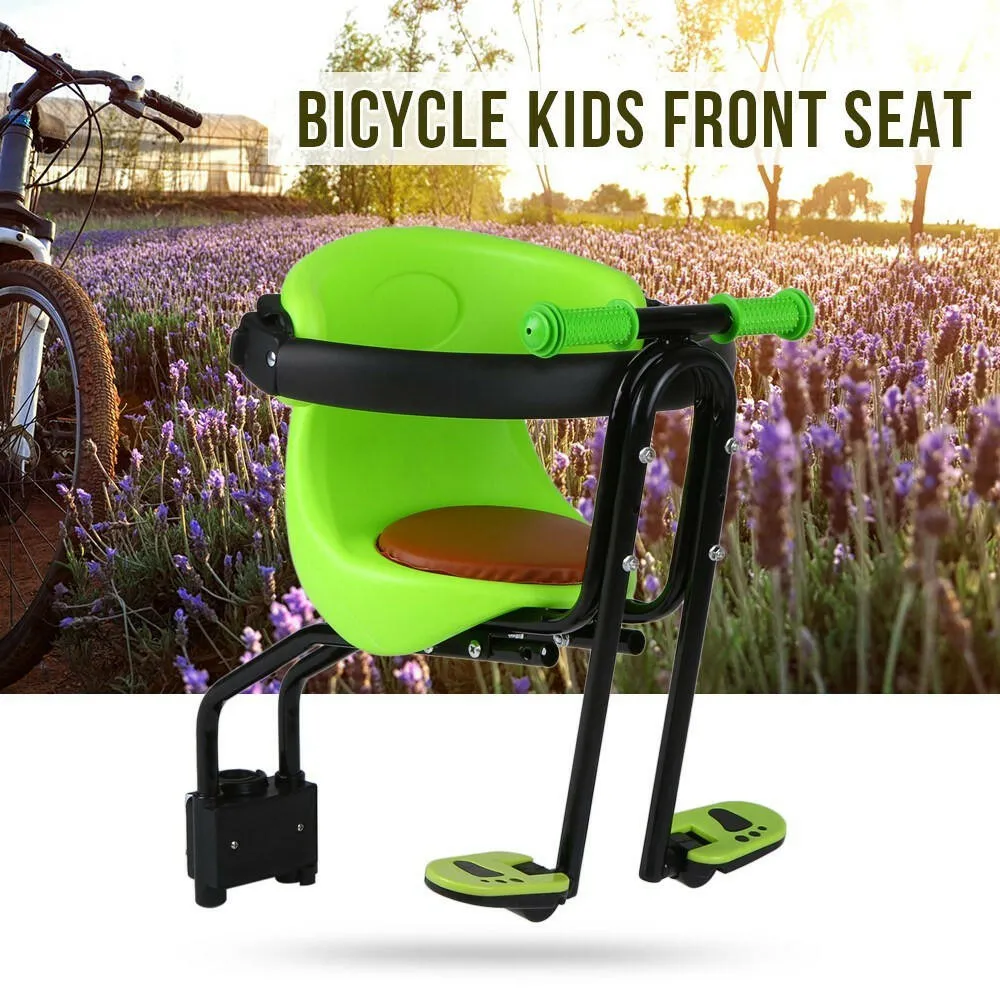 Bicycle Baby Seat Kids Child Safety Carrier Front Seat Saddle Cushion with Back Rest Foot Pedals