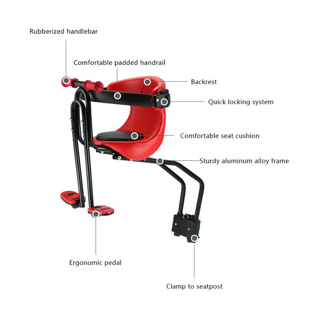 Bicycle Baby Seat Kids Child Safety Carrier Front Seat Saddle Cushion with Back Rest Foot Pedals