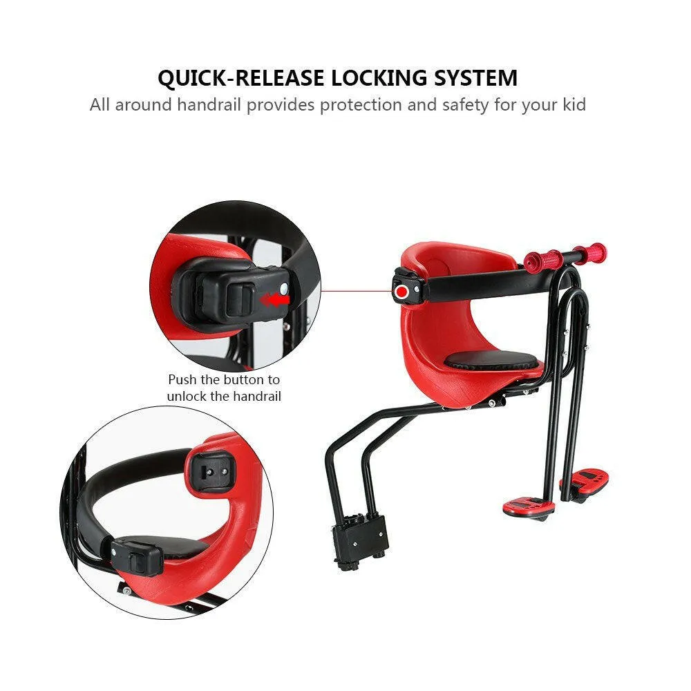 Bicycle Baby Seat Kids Child Safety Carrier Front Seat Saddle Cushion with Back Rest Foot Pedals