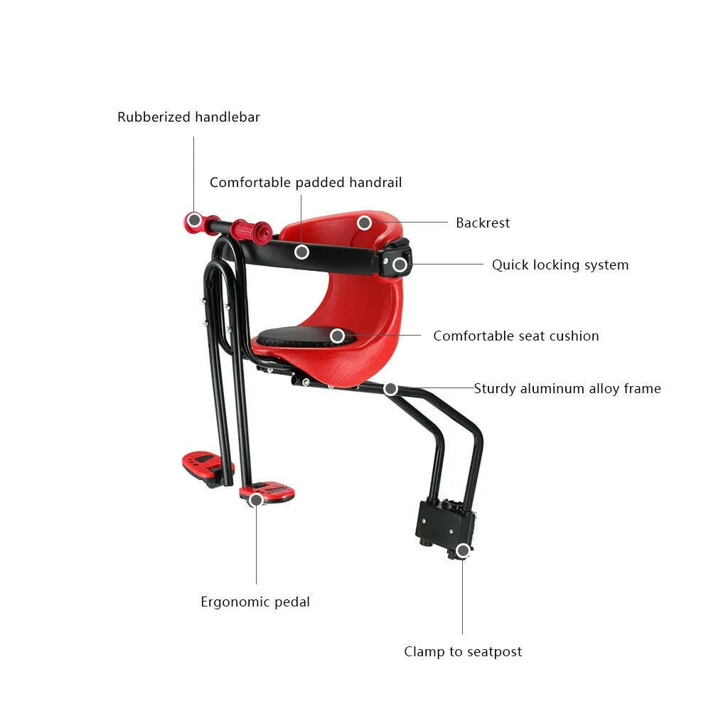 Bicycle Baby Seat Kids Child Safety Carrier Front Seat Saddle Cushion with Back Rest Foot Pedals