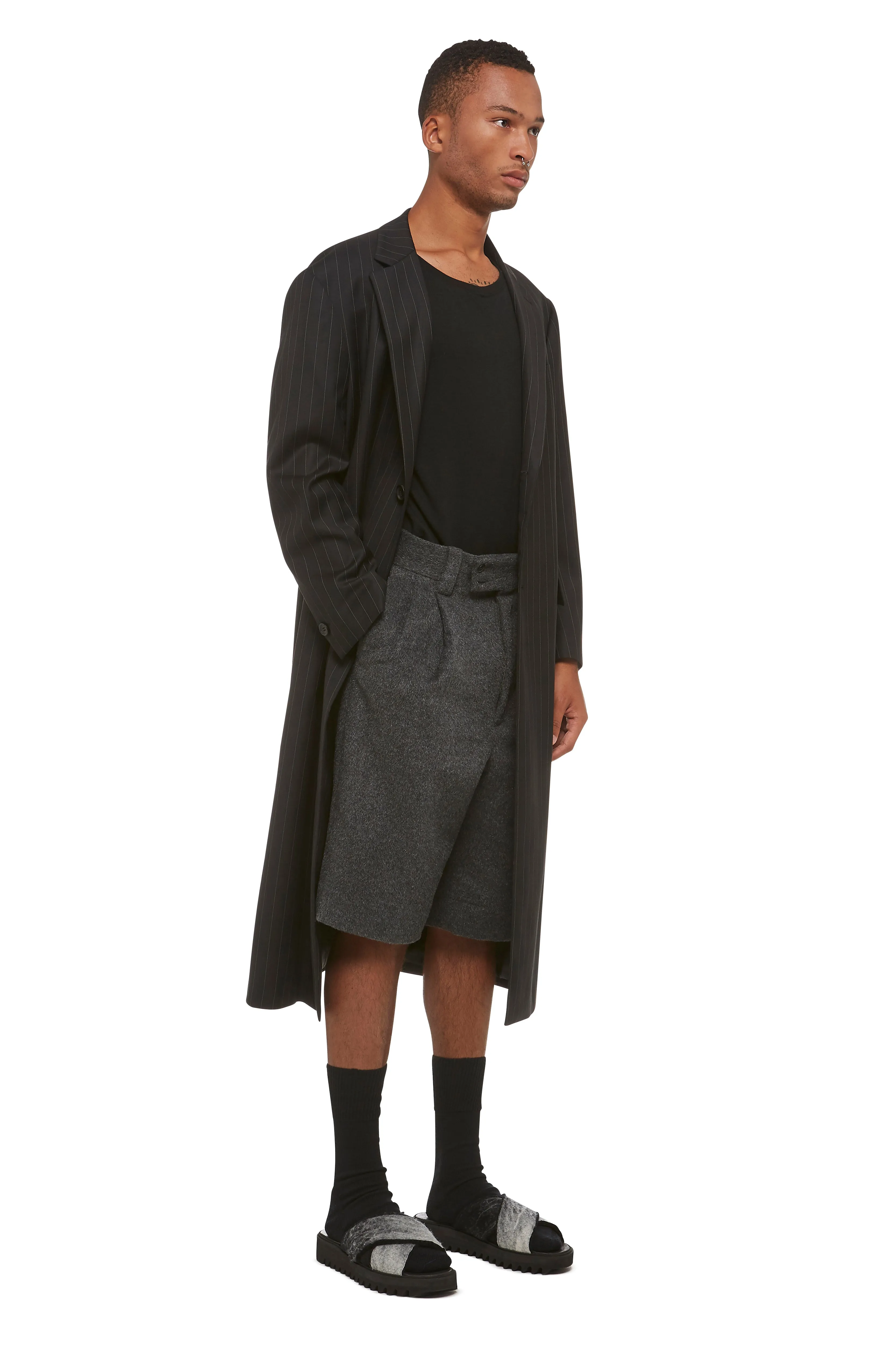 Black Pinstripe Drop Shoulder Overcoat