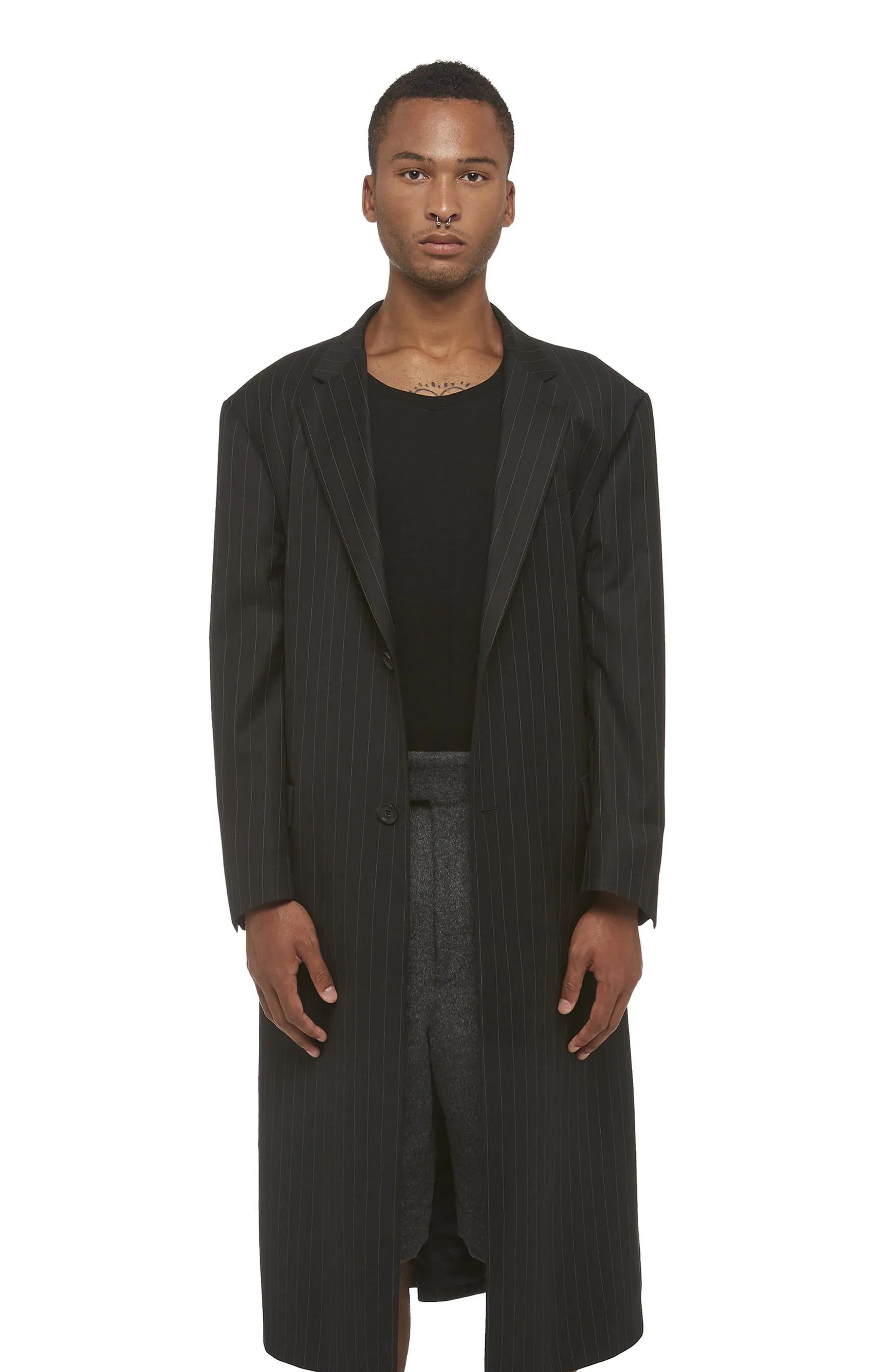 Black Pinstripe Drop Shoulder Overcoat