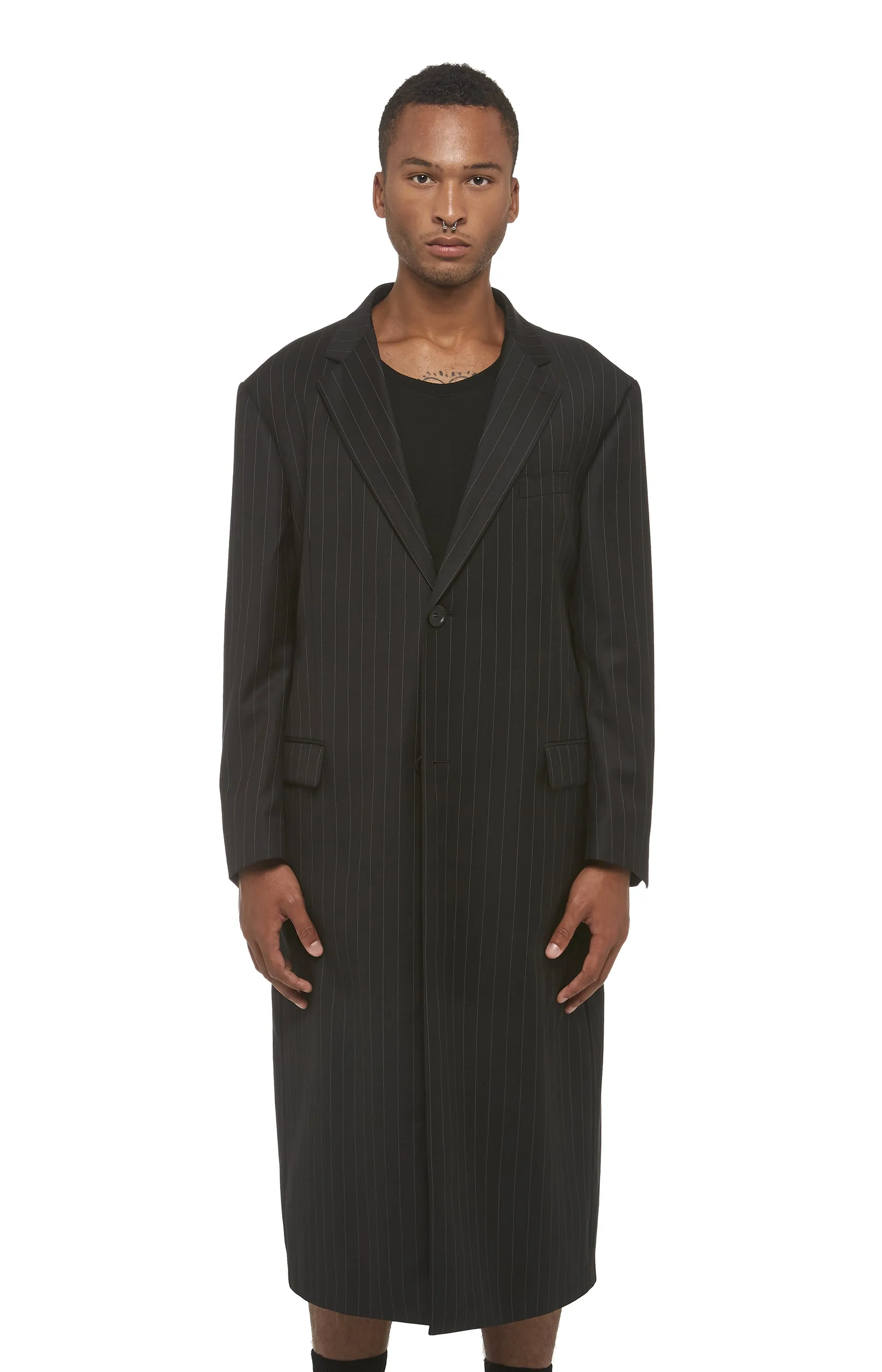 Black Pinstripe Drop Shoulder Overcoat