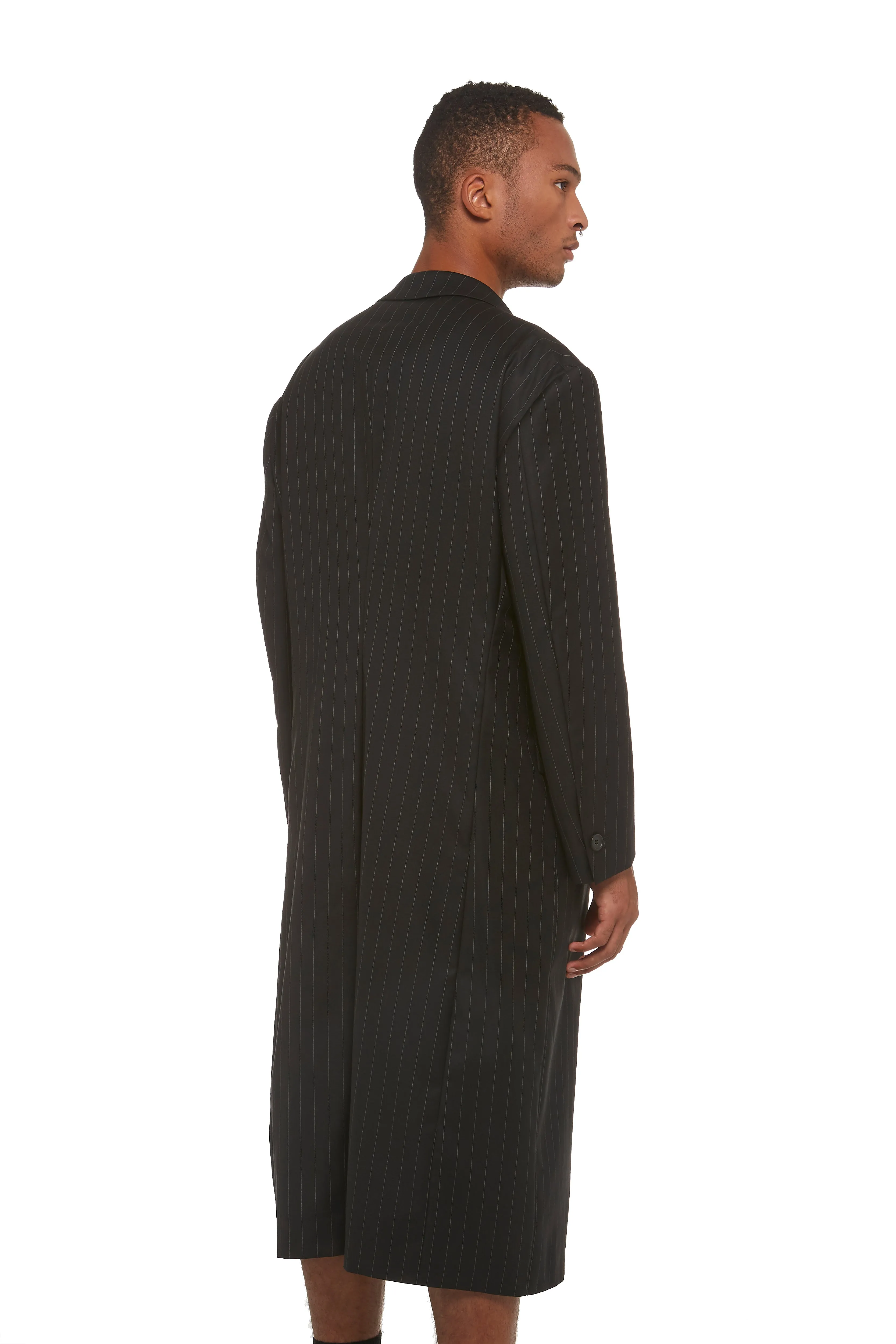 Black Pinstripe Drop Shoulder Overcoat