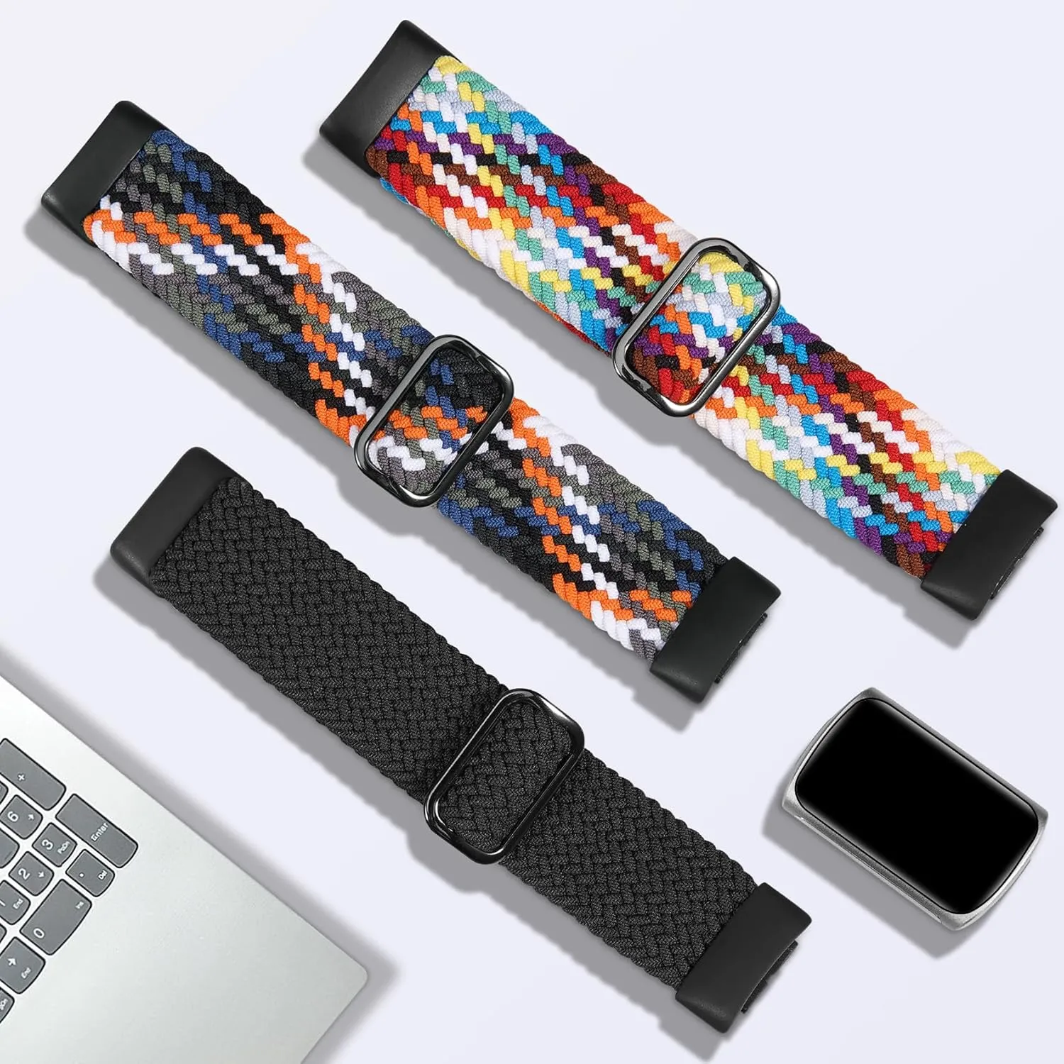 Braided Solo Loop Bands Compatible with Fitbit Charge 6/Charge 5, 3 Pack Adjustable Stretchy Wristbands Soft Woven Nylon Replacement for Fitbit Charge 5/Charge 6 Tracker Smart Watch for Women Men