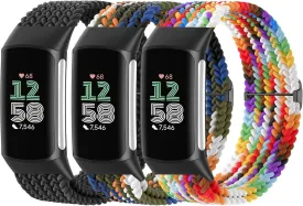 Braided Solo Loop Bands Compatible with Fitbit Charge 6/Charge 5, 3 Pack Adjustable Stretchy Wristbands Soft Woven Nylon Replacement for Fitbit Charge 5/Charge 6 Tracker Smart Watch for Women Men