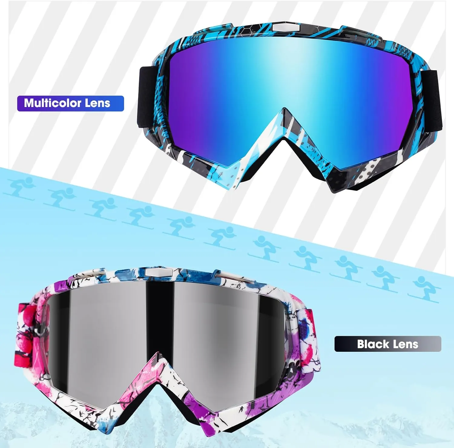 Braylin Adult Ski Goggles, 2-Pack Snowboard Goggles for Youth, Teens, Men & Women, Wide View Snowmobile Goggles
