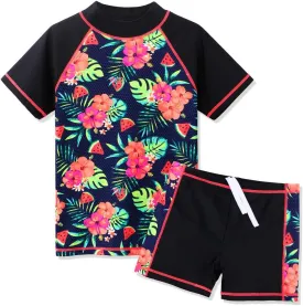Girls Two Piece Swimsuit Floral UPF 50  Rash Guard Set Kids Beach Swimwear