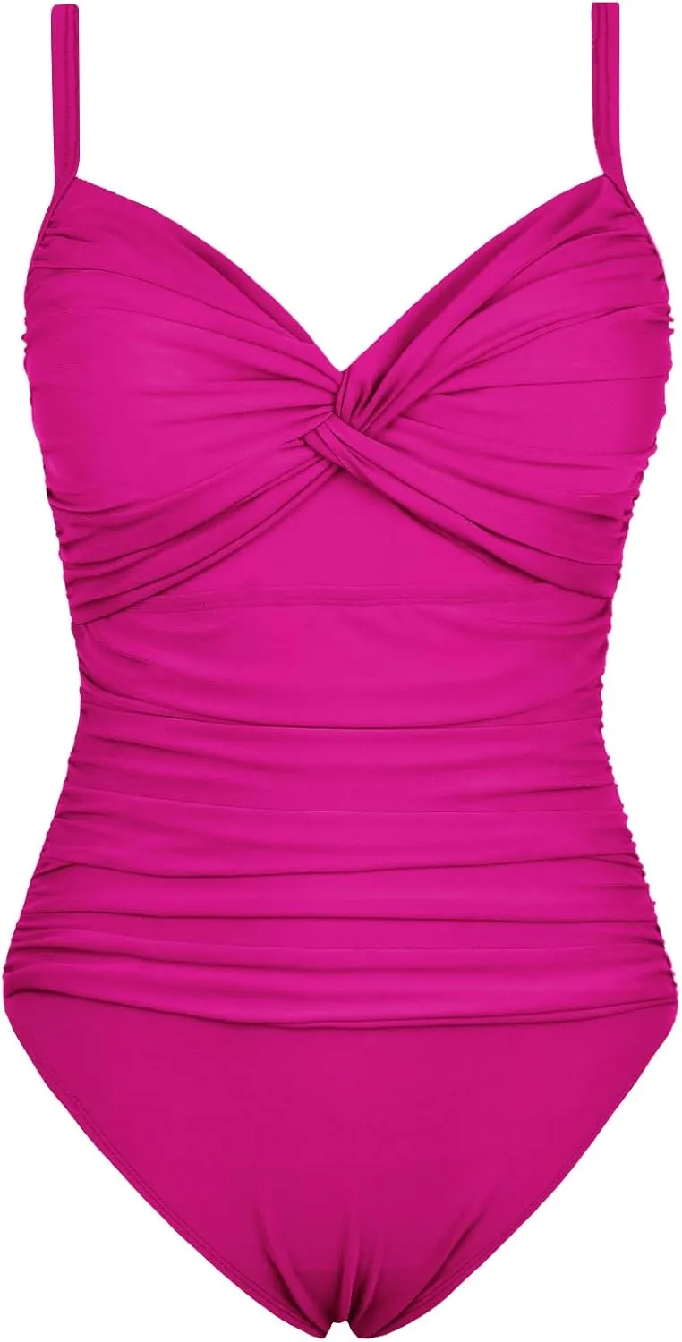 Hilor Women's Underwire One Piece Swimsuit Ruched Tummy Control Bathing Suits Push Up Twist Front Swimwear Monokini
