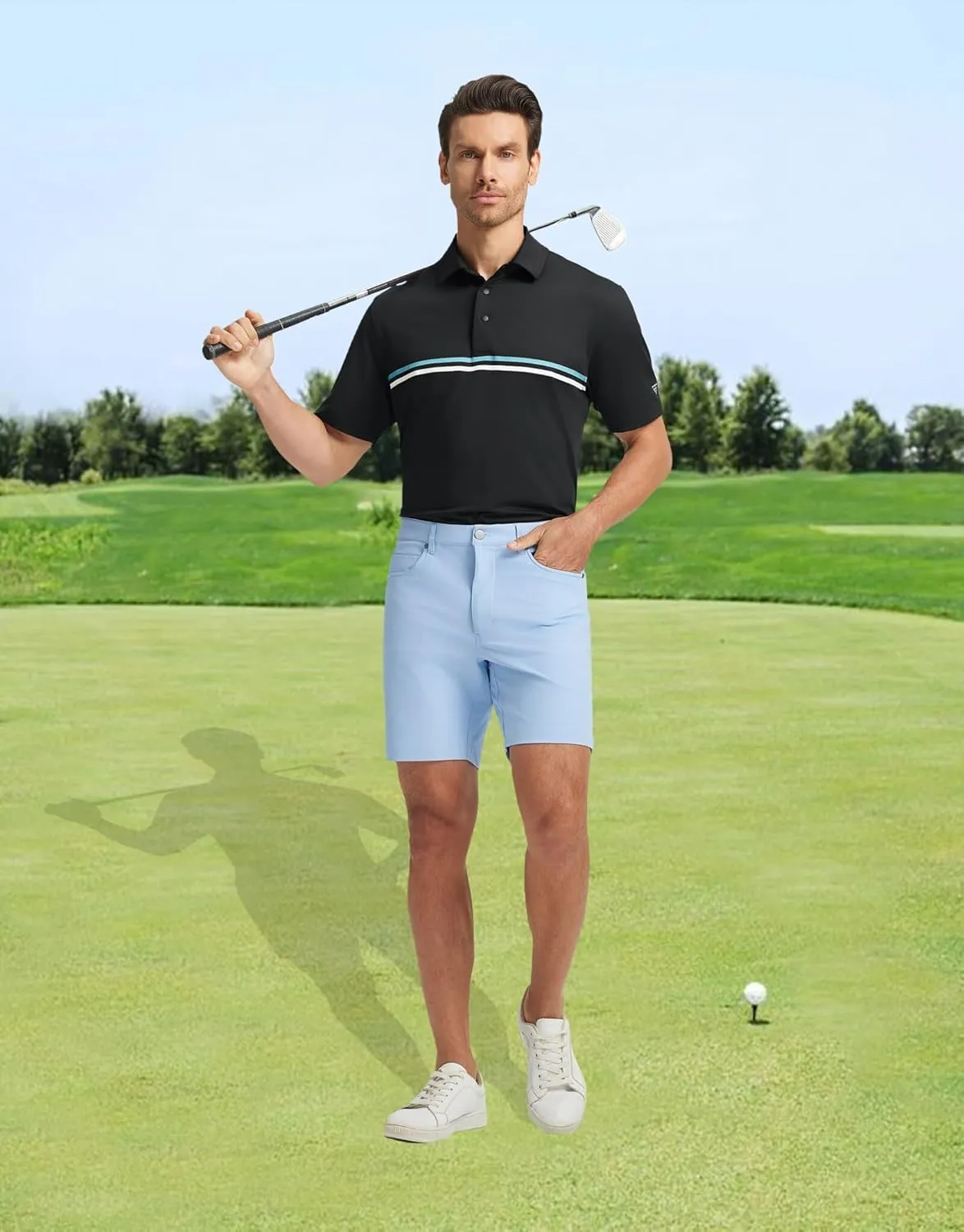 M MAELREG Mens Golf Shirts Short Sleeve Chest Print Stripe Moisture Wicking Dry Fit Casual Collared Mens Polo Shirts