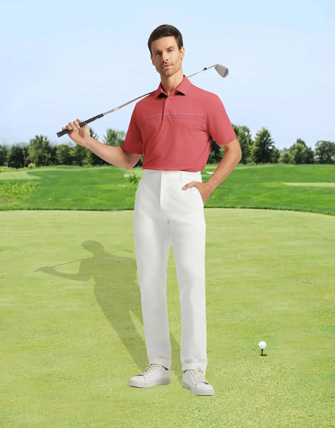 M MAELREG Mens Golf Shirts Short Sleeve Chest Print Stripe Moisture Wicking Dry Fit Casual Collared Mens Polo Shirts