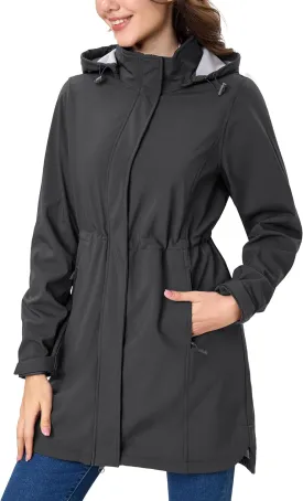 MAGCOMSEN Women's Long Fleece Lined Jackets Warm Winter Windbreaker Rain Coat Hooded Softshell Windproof Insulated