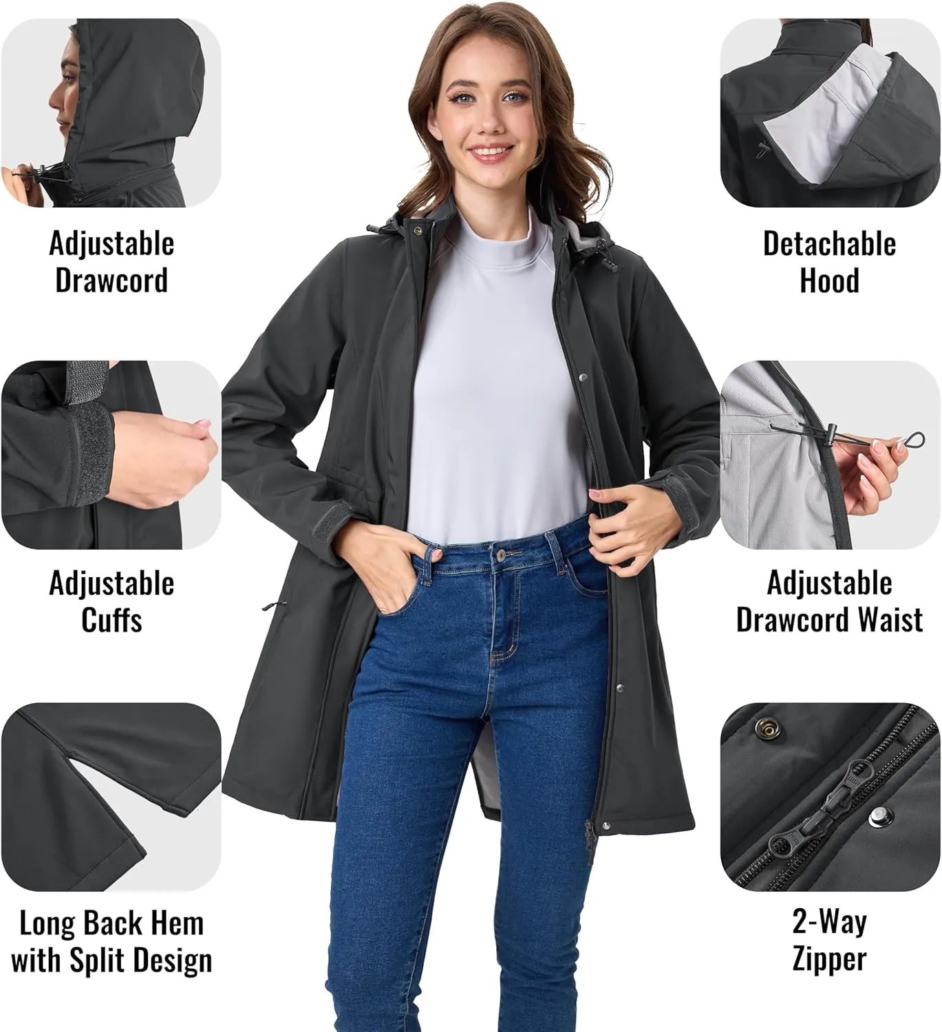 MAGCOMSEN Women's Long Fleece Lined Jackets Warm Winter Windbreaker Rain Coat Hooded Softshell Windproof Insulated