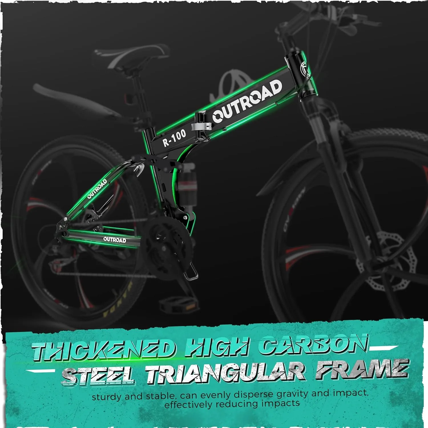 Outroad 26 Inch Folding Mountain Bike, 21 Speed Full Suspension High-Carbon Steel MTB Foldable Bicycle, Dual Disc Brake Non-Slip Folding Bikes for Adults/Men/Women, Black, Orange and Green