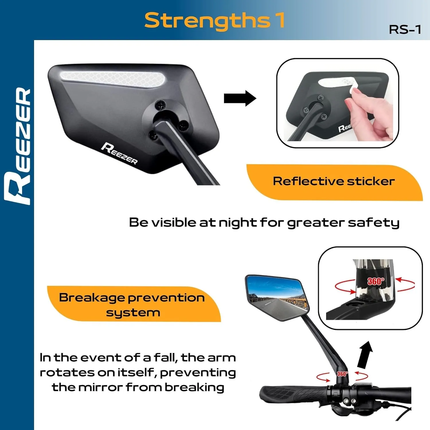 REEZER - Bicycle mirror - Electric bike mirror - Electric scooter mirror - Ideal gift - High-end for handlebars 0,86" to 1" - Reflective - Adjustable 360 PAIR
