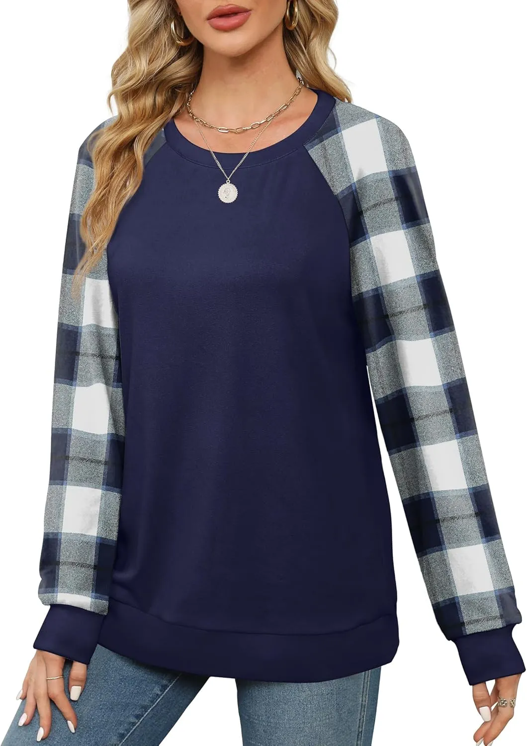 Saloogoe Sweatshirts for Women Crewneck Cable Knit Sleeve Sweaters Lightweight Fashion 2024