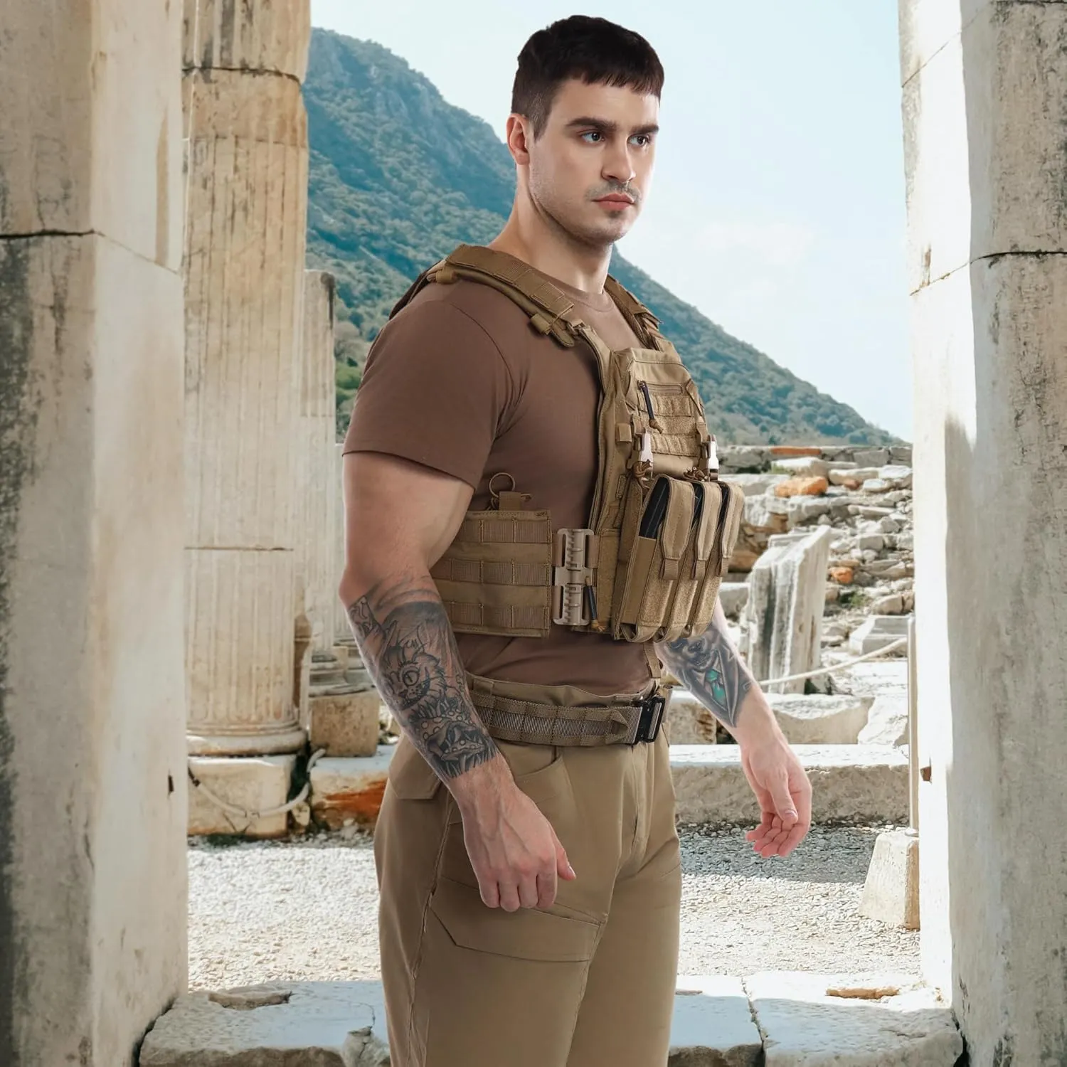 Tactical Molle Vests with Triple mag Pouch and Side Cummerbund Pouches, Quick Release Vests for Men