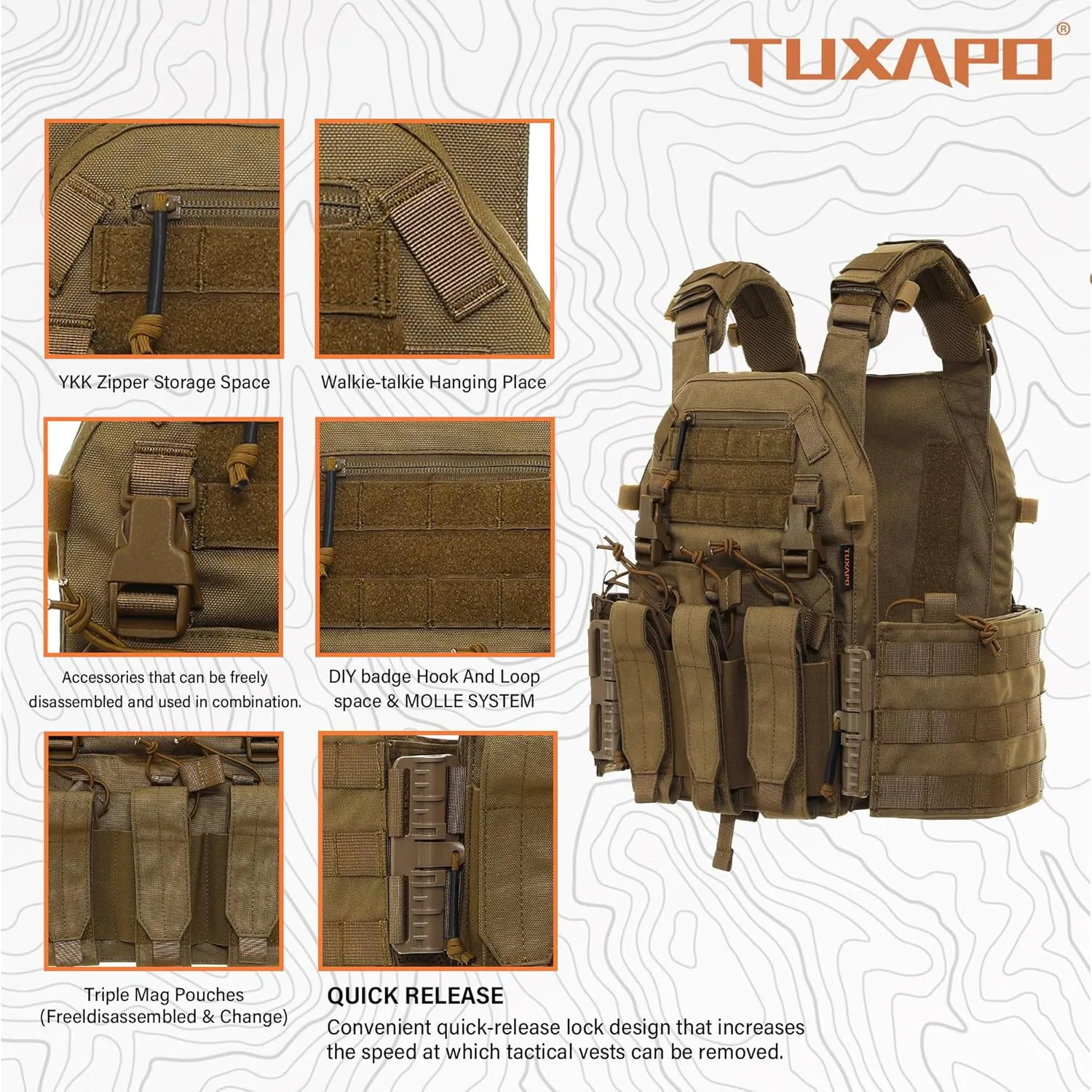 Tactical Molle Vests with Triple mag Pouch and Side Cummerbund Pouches, Quick Release Vests for Men