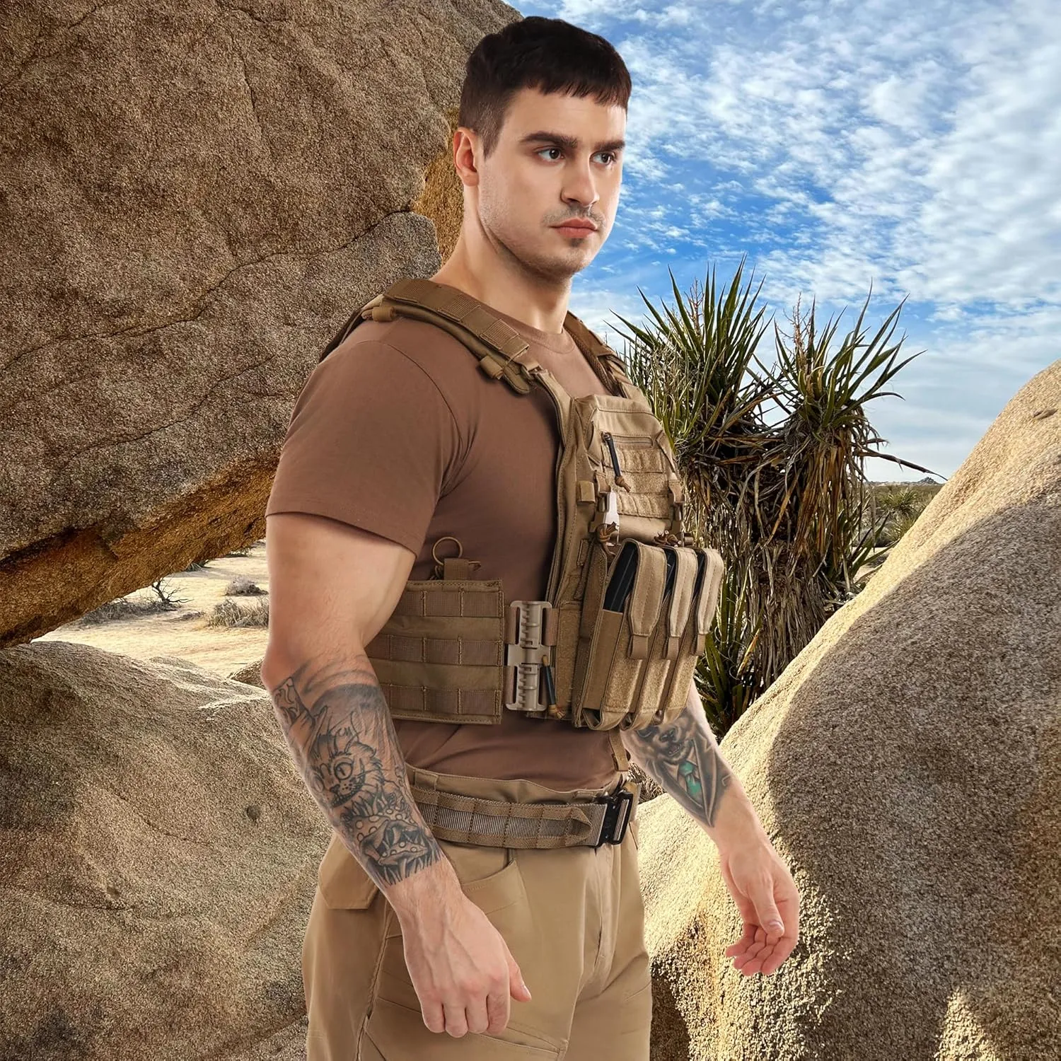 Tactical Molle Vests with Triple mag Pouch and Side Cummerbund Pouches, Quick Release Vests for Men