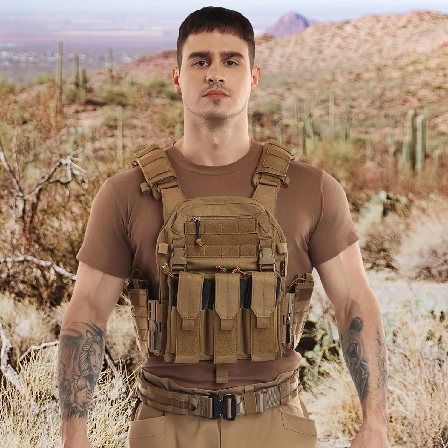 Tactical Molle Vests with Triple mag Pouch and Side Cummerbund Pouches, Quick Release Vests for Men