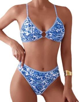 Tainehs Women's Two Piece Bikini Sets O Ring Front Top Ditsy Floral Triangle Swimsuits Cheeky Bathing Suit